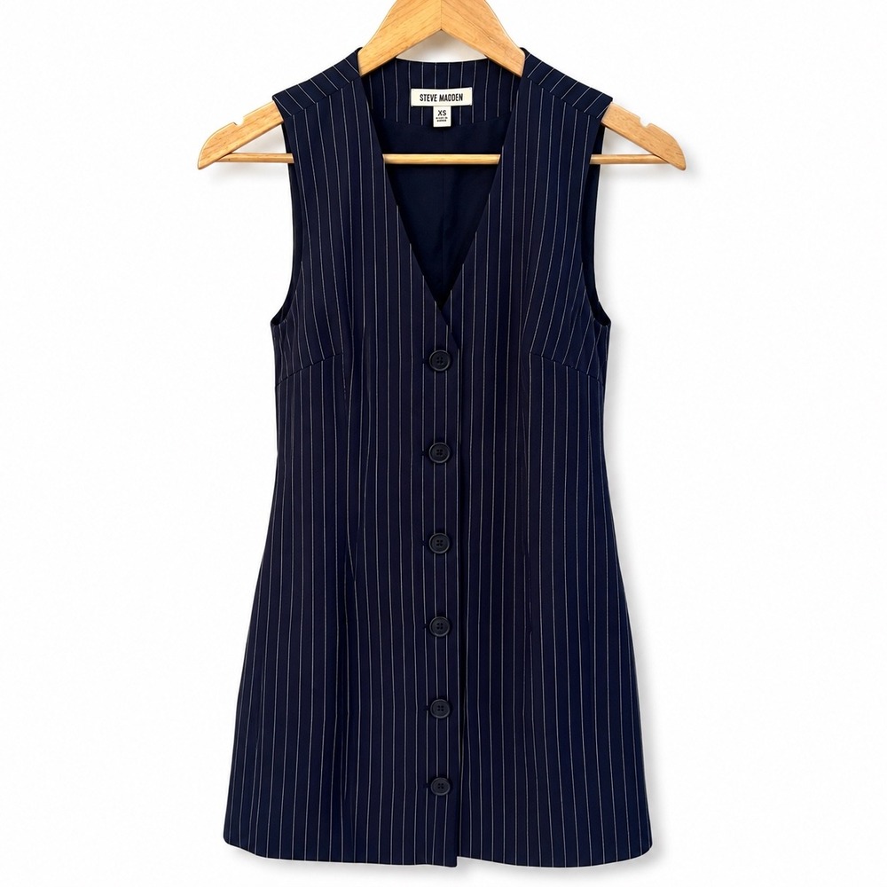 Steve Madden Navy Blue Pinstripe Button Front Mini Dress Vest XS Academia NWOT